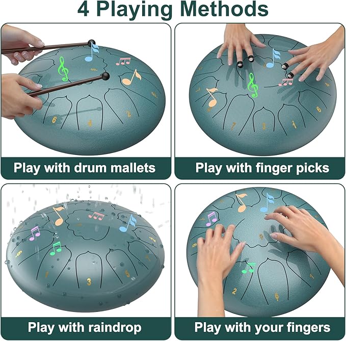 D Major Steel Tongue Drum Handpan, 12 Inch 13 Note Rain Drum for Outside Garden, Meditation Rain Chime, Musical Percussion Instrument for Adult Gift with Bag, Music Book, Drum Mallets (Moss Blue)