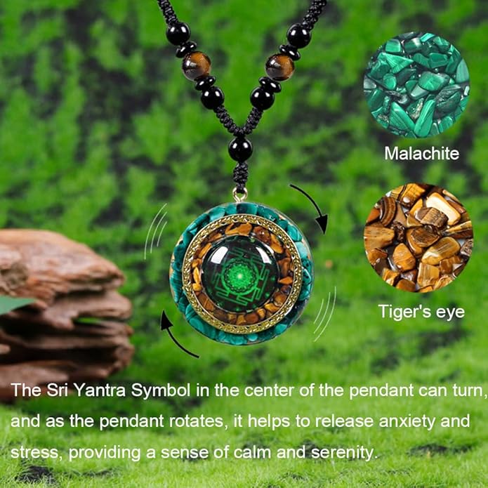 Day Day Up Orgonite Necklace - Sri Yantra Rotatable Pendant For Anti Stress Anxiety & Meditation - Malachite And Tiger Stone For Spiritual Healing & Positive Energy