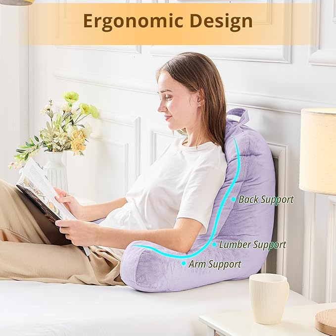 Sasttie Reading Pillow, Velvet Back Pillow for Bed Sitting Up, Adult Back-Rest Support Cushion with Arms for Sit Up on Couch, Sofa, and Floor, Dorm Essentials, Reading Accessories, Lavender