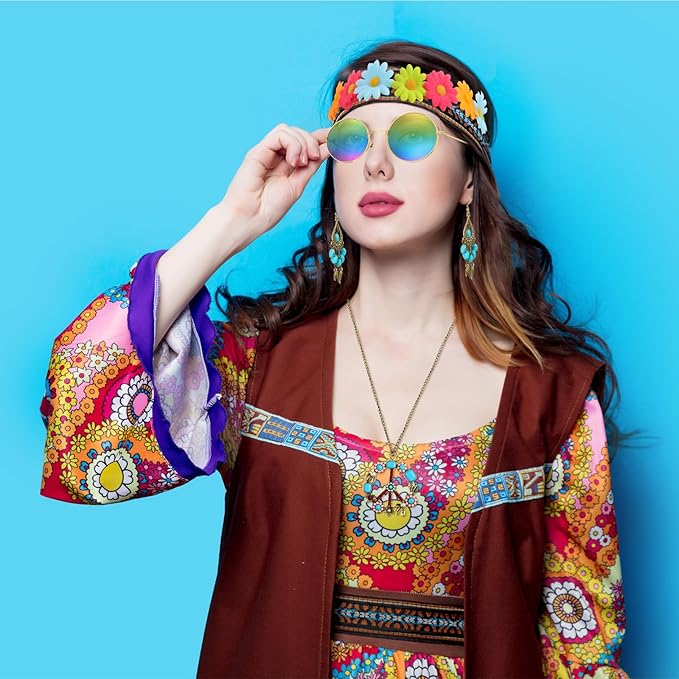 Hicarer Hippie Costume Accessories Include Sunglasses, Peace Sign Necklace, Boho Headband and Earring for 60s 70s Party