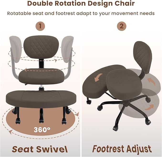 Cross Legged Office Chair with Wheels, Wide Criss Cross Kneeling Home Office Desk Chairs with Back Support, Ergonomic Adjustable Height ADHD Stool with Rotating Footrest for Yoga Meditation