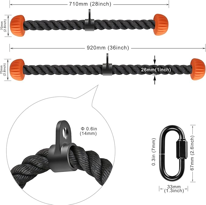 SELEWARE Triceps Rope with Non-Slip Soft Rubber Ends Home Gym Cable Attachment Workout Accessories 28 & 36 inches Long LAT Pulldown Attachment Black and Orange