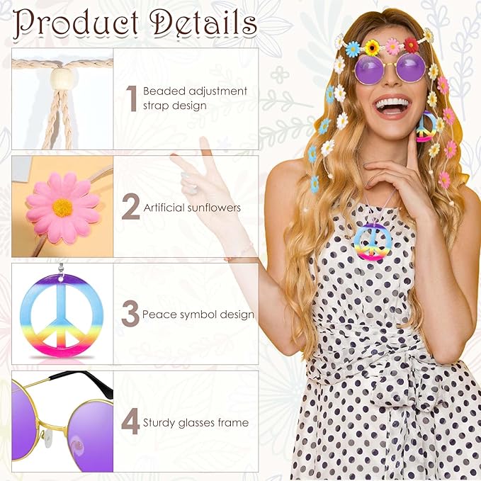 6 Pcs Hippie Costume Accessories Set, Flower Hippie Headband Boho Peace Sign Necklace Earrings Sunglasses Bracelet