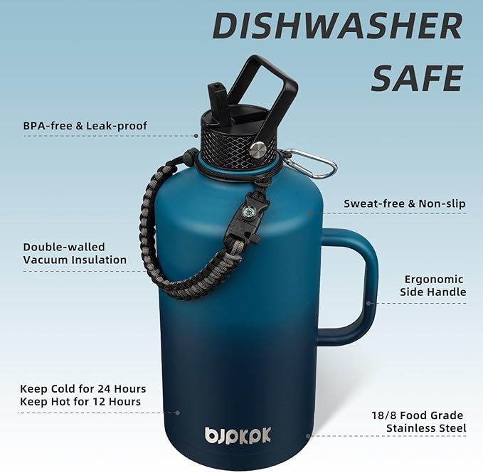 BJPKPK 1 Gallon Water Bottle Insulated with Straw Lid, 50oz, 64oz, 87oz, 128oz Large, Stainless Steel Water Bottles with 3 Lids and Paracord Strap, Double Wall Vacuum Metal Water Jug,Vast