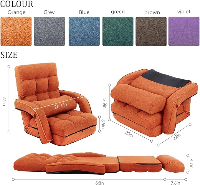 FLOGUOR 14-Position Adjustable Floor Chair, Chaise Lounge Indoor, Folding Lazy Sofa with Armrests and a Pillow Padded Adults Gaming Chairs for Living Room, Bedroom Factory Price,8803 (Orange)