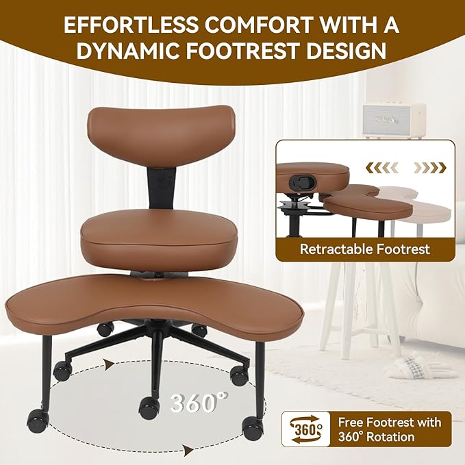 ELECWISH Meditation Chair, ADHD Chair for Adults with Wing Back Support, Criss Cross Kneeling Yoga Desk Office Use with Wheels, Height Adjustable seat and Leg Rest, Brown