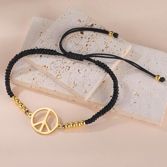 LIKGREAT Peace Sign Pendant Bracelet for Women Peace Symbol Adjustable Handmade Braided Wax Cords Beaded Bracelet