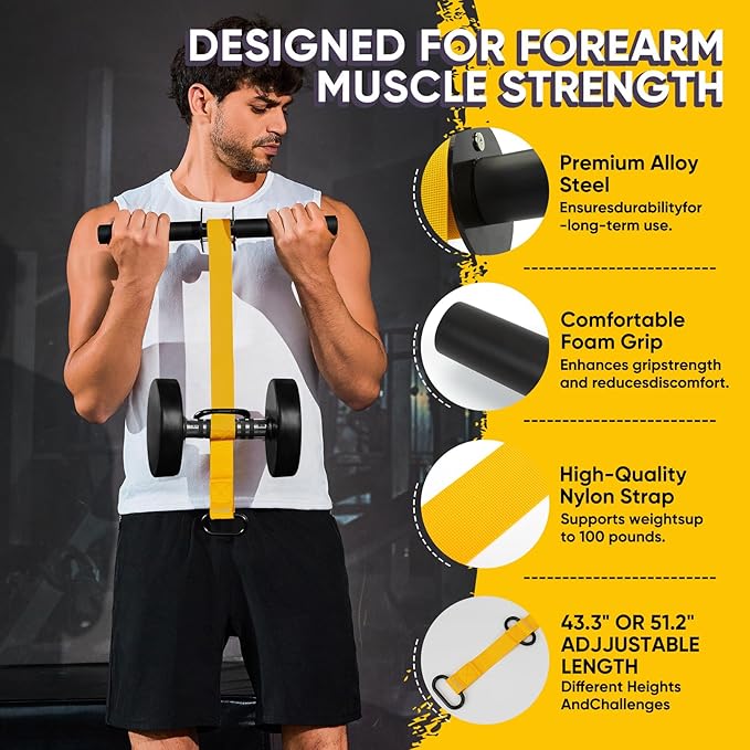 Forearm Strengthener and Wrist Roller, 43.3 inch Or 51.2 inch Ultra Strong Nylon Webbing, Forearm Exerciser with Quick Locking Mechanism, Ideal for Hand, Wrist and Forearm Strength Training