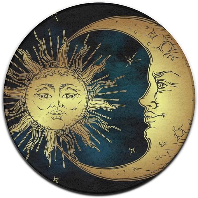 Large Home Decor Mat, Soft Round Yoga Carpet, Non-Slip Machine Washable Home Office Circle Rug Compatible with Boho Gold Sun Crescent Moon Star