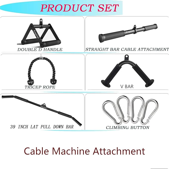 Kinglotus Home Gym Cable Machine Accessory Set:39inch Lat Pull Attachment, Straight Pull Down Bar,V Shaped Bar Triceps Rope Double D Handles. weight machine accessories to enhance your fitness results