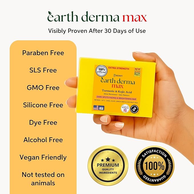 Earth Derma Max Beauty Turmeric & Kojic Acid Dark Spots Fading Bar, Extra Strength Formula with Retinol, Vitamin C, Shea Oil, Designed in USA