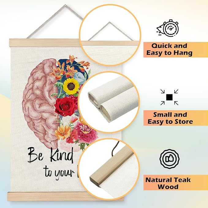 JINYO Mental Health Wall Decor, Be Kind to Your Mind Floral Brain Wall Art Poster, Mental Health Canvas Prints Wall Decor for Therapy Counselor Office Calming Corner, 12x16 Inches