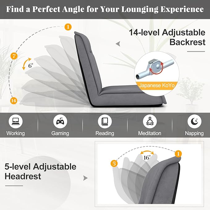 COSTWAY Folding Floor Chair, Convertible Lazy Sofa Chair with 14-Poistion Adjustable Backrest, 5-Position Adjustable Headrest, Cushioned Floor Gaming Chair for Adults, Reading, Meditating (Grey)