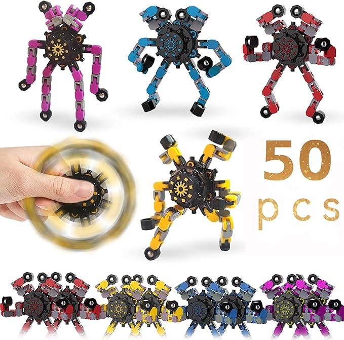 50pcs Random Fidget Spinners,DIY Deformable Robot Fingertip Toys,Decompression Spinner,Deformable Creative Mechanical Gyro Toys,Stress Relief Mechanical Chain Toy for Kids Adults,Party Supplies