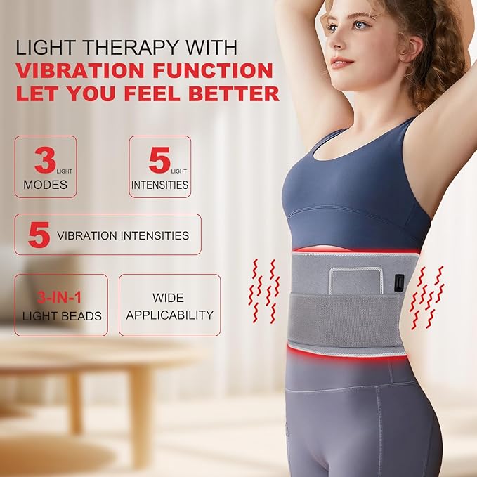 Red Light Therapy Vibration Massager Belt for Pain Relief Near Infrared Light Therapy Heating Wrap Pad for Body Back Knee Shoulder Waist Muscle Relaxation Grey