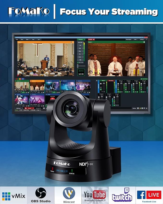 FoMaKo NDI PTZ Camera, AI Auto-Tracking Gen 3, 20x Optical Zoom HDMI PTZ Camera for Church Worship Education Events (NDI 6 & NDI HX3 Certified)(KN20A Pro Black)