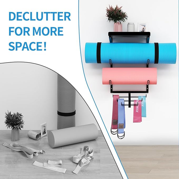 Yoga Mat Holder Wall Mount Yoga Mat Storage Rack Home Gym Accessories with 3 Sectional and 7 Hooks for Hanging Foam Roller and Resistance Bands at Fitness Class or Home Gym
