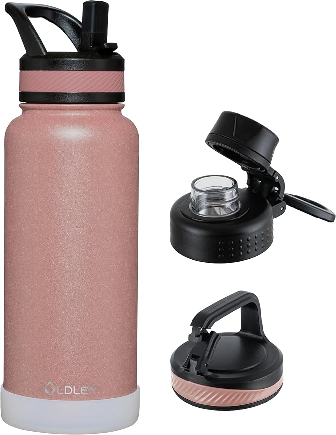 OLDLEY 32 oz Insulated Water Bottle With Straw, Stainless Steel Sports Water Cup Flask with 3 Lids(Straw, Spout and Handle Lid) Double Walled Travel Thermal Canteen Mug,Rose Gold