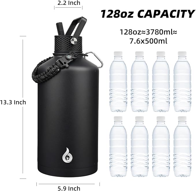 BJPKPK 1 Gallon Water Bottle with Straw Lid, 50oz, 64oz, 87oz, 128oz Large, Stainless Steel Water Bottles with 3 Lids and Paracord Handle, Double Wall Vacuum Metal Water Jug, Black