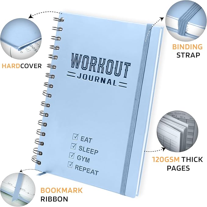 Nextnoid Hardcover Fitness Journal Workout Planner for Men & Women - A5(5.7" x 8.3") Sturdy Workout Log Book to Track Gym & Home Workouts - Blue
