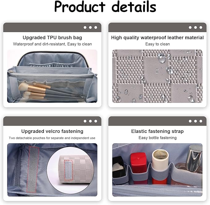 BOYATU Travel Makeup Bag Organizer Cosmetic Bag: 3 Pcs Set Make up Bags for Women with Handle - Waterproof Vegan Leather Toiletry Bags Travel Essentials Pouch with Compartments (C-13-Gray)