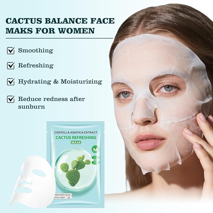 Cactus Facial Mask for Women,Hydrating Face Mask Sheet Home SPA,Moisturizing Face Sheet Mask for Dry,Oily,Sensitive Skin 30ml(5Pack)