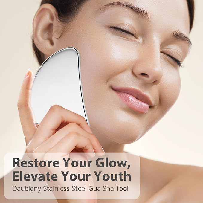 Daubigny Stainless Steel Gua Sha Facial Tools Guasha for Face Metal Gua Sha Tighten Skin Massage Guasha Beauty Tool for Body Eyes Neck Massager with Travel Pouch Skin Care Gifts (Silver)