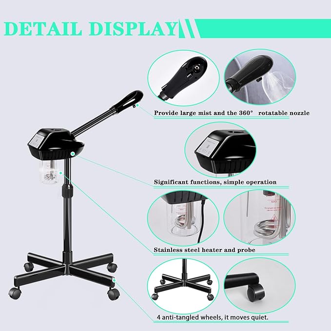 Professional Facial Steamer, Facial Steamer Professional for Estheticians, Hot Mist & Timer Function, Ozone Face Steamer on Wheels for Spa, Salon and at Home Use