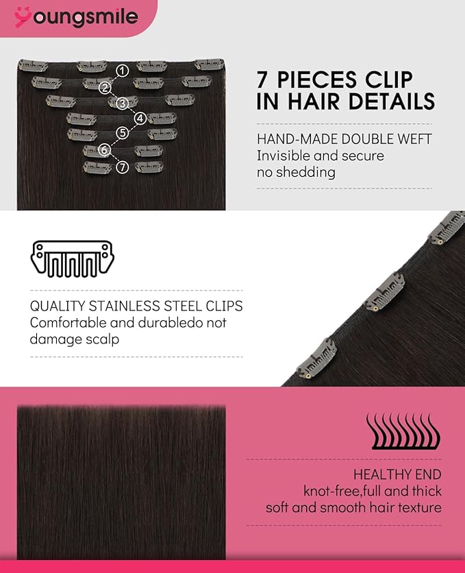 Youngsmile Human Hair Extensions Clip in Color 2 Dark Brown, Double Weft Full Head Thick End,Soft Silk Straight Remy Clip in Hair Extensions 22 Inch 160g 7 pieces (7C#2-22Inch)