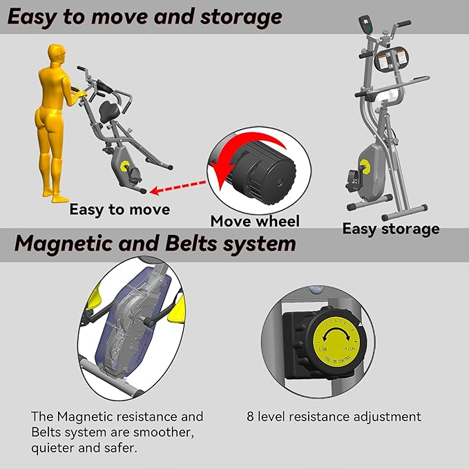 Folding Exercise Bike - Stationary Bikes for Home Use, Arms and Feet Workout, Foldable Indoor Cycling Machine - Magnetic with 8-Level Adjustable Resistance and 300 lbs Capacity