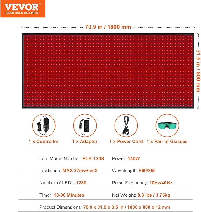 VEVOR Red Light Therapy Mat for Full Body, 1280PCS 3-Chip LED Light Therapy Pad & Controller, 10/40Hz Pulse, 10-90 Min Timer, 660nm Red & 850nm Near Infrared Light Therapy for Pain Relief, Skin Health