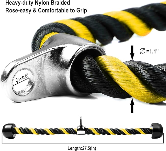 Deluxe Tricep Rope Pull Down Cable, 27 & 36 Inch Rope Length, Easy to Grip & Non-Slip Cable Attachment for Gym Workout Exercise