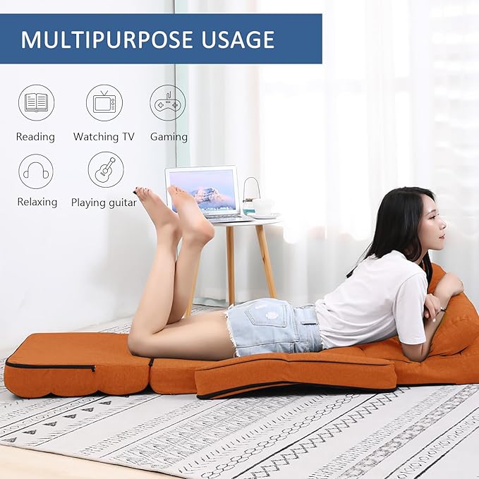 FLOGUOR 14-Position Adjustable Floor Chair, Chaise Lounge Indoor, Folding Lazy Sofa with Armrests and a Pillow Padded Adults Gaming Chairs for Living Room, Bedroom Factory Price,8803 (Orange)
