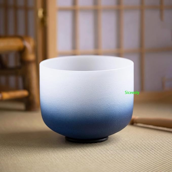 8" A Note 432HZ Indigo Blue Color Crystal Singing Bowl Frosted Quartz Root Base Chakra Meditation Sound Healing with Durable Carrying Case Suede Striker O-ring