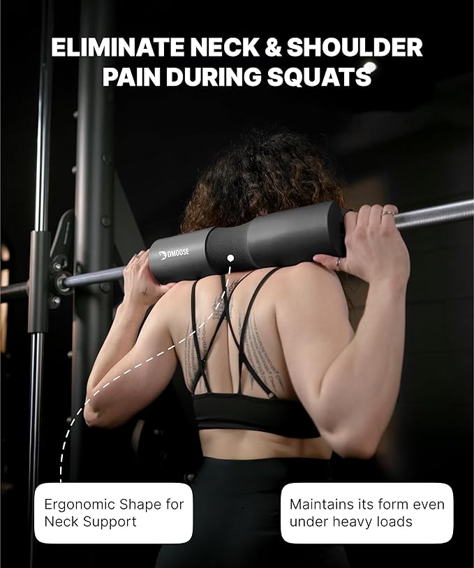 DMoose Fitness Barbell Pad for Hip Thrust, Squat & Lunges - Non-Slip Thick Foam Cushion for Neck and Back Support with Two Straps - Hip Thrust Pad for Leg Day - Fits All Olympic Bars and Smith Machine