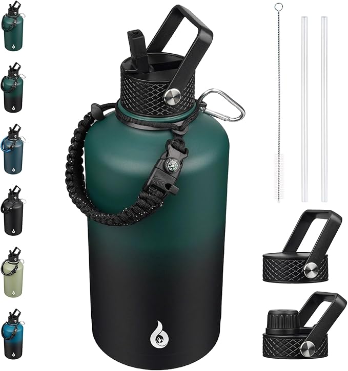 BJPKPK 2/3 Gallon Water Bottle with Straw Lid, 50oz, 64oz, 87oz, 128oz Large, Stainless Steel Water Bottles with 3 Lids and Paracord Handle, Double Wall Vacuum Metal Jug, Army Green & Black