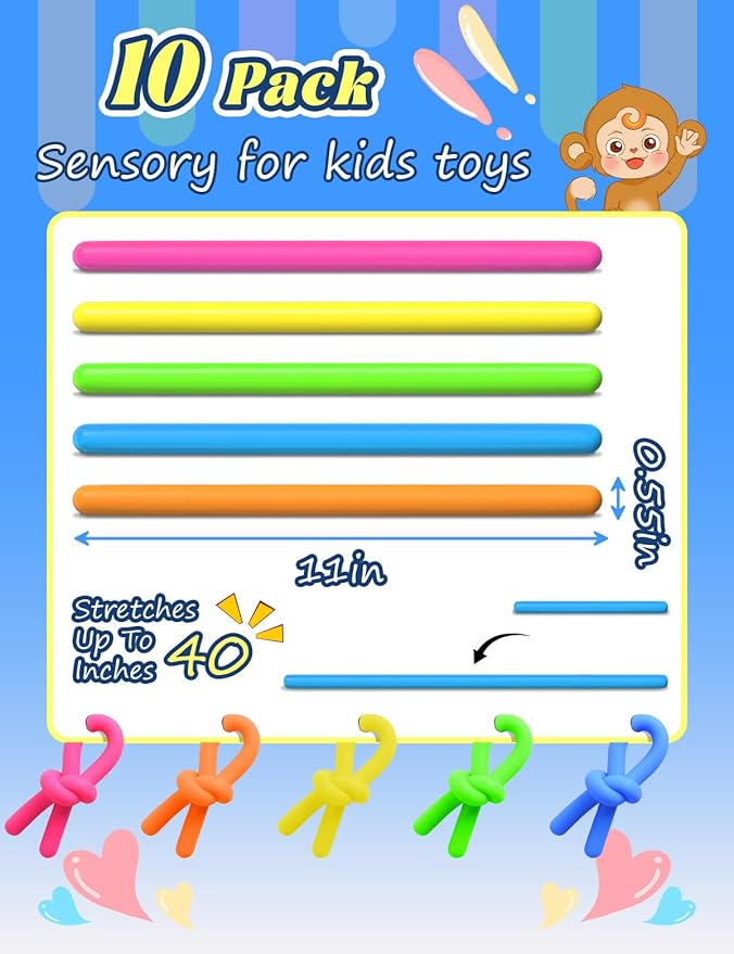 10 Pack Sensory Toys for Kids – Upgraded Extra-Thick Stretchy Sensory Strings for Autism, ADHD, Anxiety – Durable Toys in Gift Box for Boys & Girls, Travel & Classroom Use – Smooth