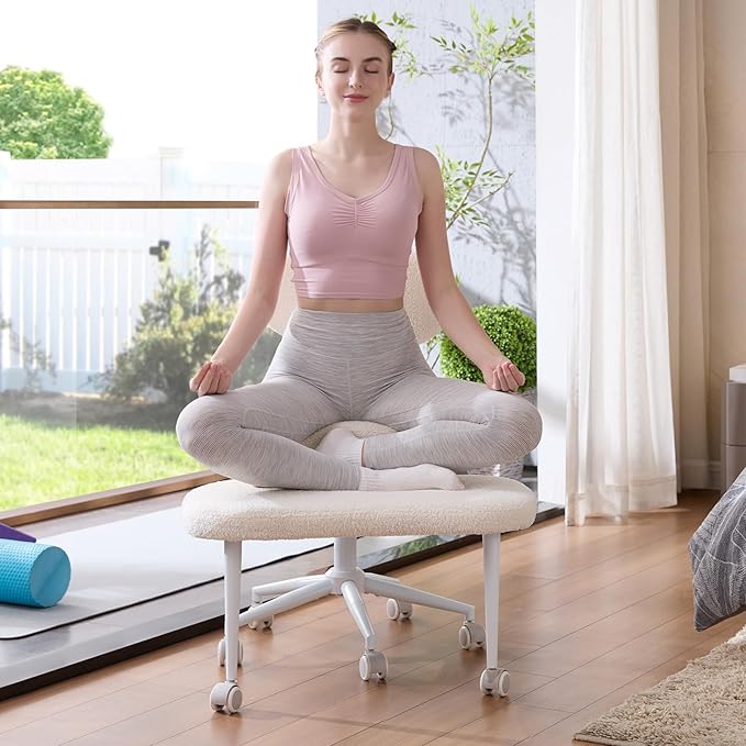 Cross Legged Office Chair with Wheels, Meditation Chair, ADHD Chair for Adults, Wider Height Adjustable Backrest and Seat, Yoga Office Chair, Teddy Fabric, Off White