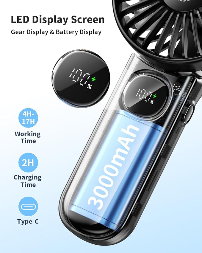 Foldable Portable Fan with LED Display, 3000mAh Battery Operated Mini Hand Held/Neck/Desk 3 in 1 Personal Small Fan for Eyelash Makeup Travel Beach Outdoor Black