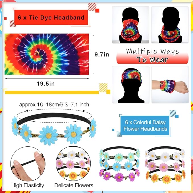 Kenning 36 Pcs Hippie Costume Accessory Set 60s 70s Peace Necklaces Sunflower Headband for Women Retro Round Sunglasses Bandana Headband for Men Hippie Dressing for Carnival Party Supplies (Classic)