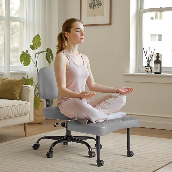 Furmax Ergonomic Criss Cross Legged Office Chair with Wheels, 360°Swivel Adjustable Height Kneeling Desk Chair with Footrest for ADHD, Yoga, Meditation, Home Office (Leather, Gray)