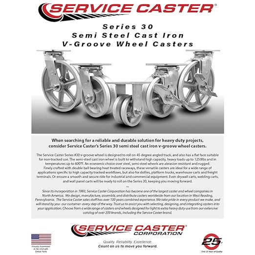 V Groove Semi Steel Cast Iron Swivel Top Plate Heavy Duty Caster with 6 Inch Wheel and Bolt on Swivel Lock – 1,200 lbs. Capacity/Caster - Service Caster Brand