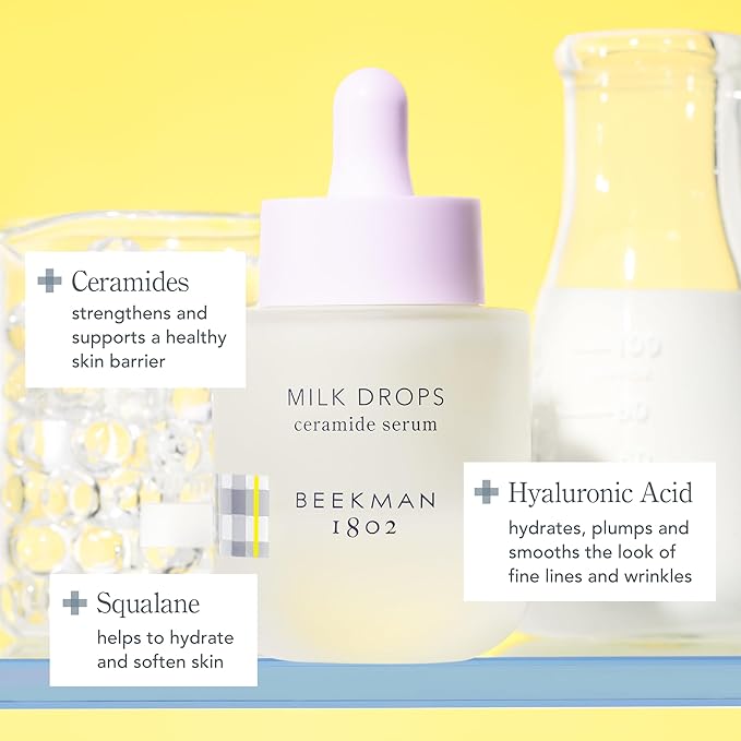 Beekman 1802 Milk Drops Ceramide Facial Serum - Squalane Oil, Hyaluronic Acid & Goat Milk Face Moisturizer - Boosts Skin Radiance & Hydrates Deeply - Fragrance Free - For Oily/Acne Prone Skin