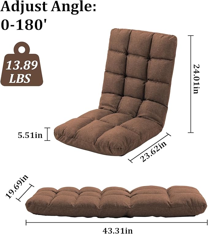 Folding Floor Chair with Back Support, 14 Adjustable Positions, Breathable Padded Sleeper Bed, Couch Recliner, Gaming Sofa Chair for Adults & Kids, Perfect for Meditating, Reading, Living Room (Brown)