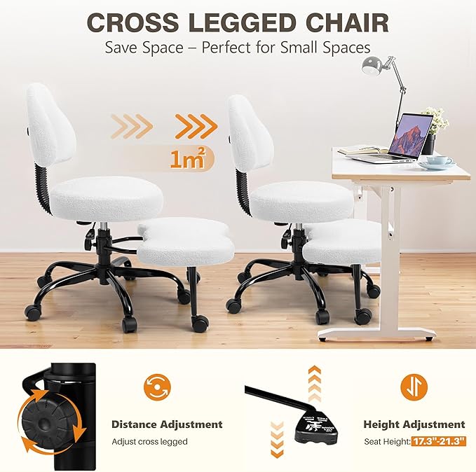 Cross Legged Office Chair, Criss Cross Desk Chair ADHD Meditation Kneeling Yoga Seat with Adjustable Height, Lumbar Support, Wider Footrest and Wheels (Pearl White)