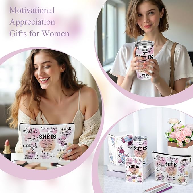 Positive Affirmations Self Love Mental Health Gifts Inspirational Gifts for Women Friend Sister Aunt Birthday Friendship Christmas Appreciation, 20oz Tumbler Makeup Bag Ballpoint Pen Notebook, 6PCS