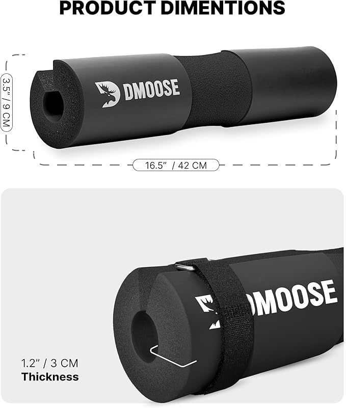 DMoose Fitness Barbell Pad for Hip Thrust, Squat & Lunges - Non-Slip Thick Foam Cushion for Neck and Back Support with Two Straps - Hip Thrust Pad for Leg Day - Fits All Olympic Bars and Smith Machine