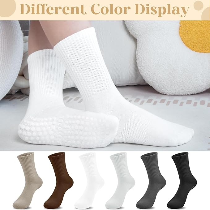 Justay 6 Pairs Pilates Socks with Grips for Women Soft Non Slip Crew Cotton Athletic Workout Barre Hospital Yoga Socks