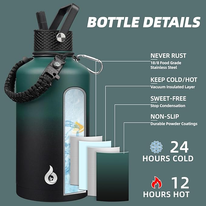 BJPKPK 2/3 Gallon Water Bottle with Straw Lid, 50oz, 64oz, 87oz, 128oz Large, Stainless Steel Water Bottles with 3 Lids and Paracord Handle, Double Wall Vacuum Metal Jug, Army Green & Black