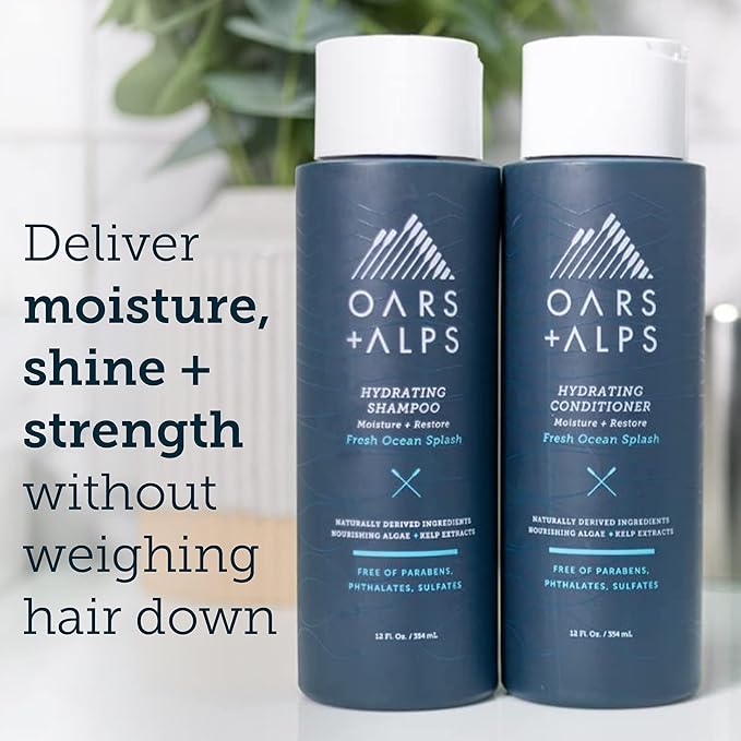 Oars + Alps Men's Sulfate Free Hair Shampoo and Conditioner Set, Infused with Kelp & Algae Extracts, Nourishing & Moisturizing, Fresh Ocean Splash Scent, 2 Pack, 12 Fl Oz Each